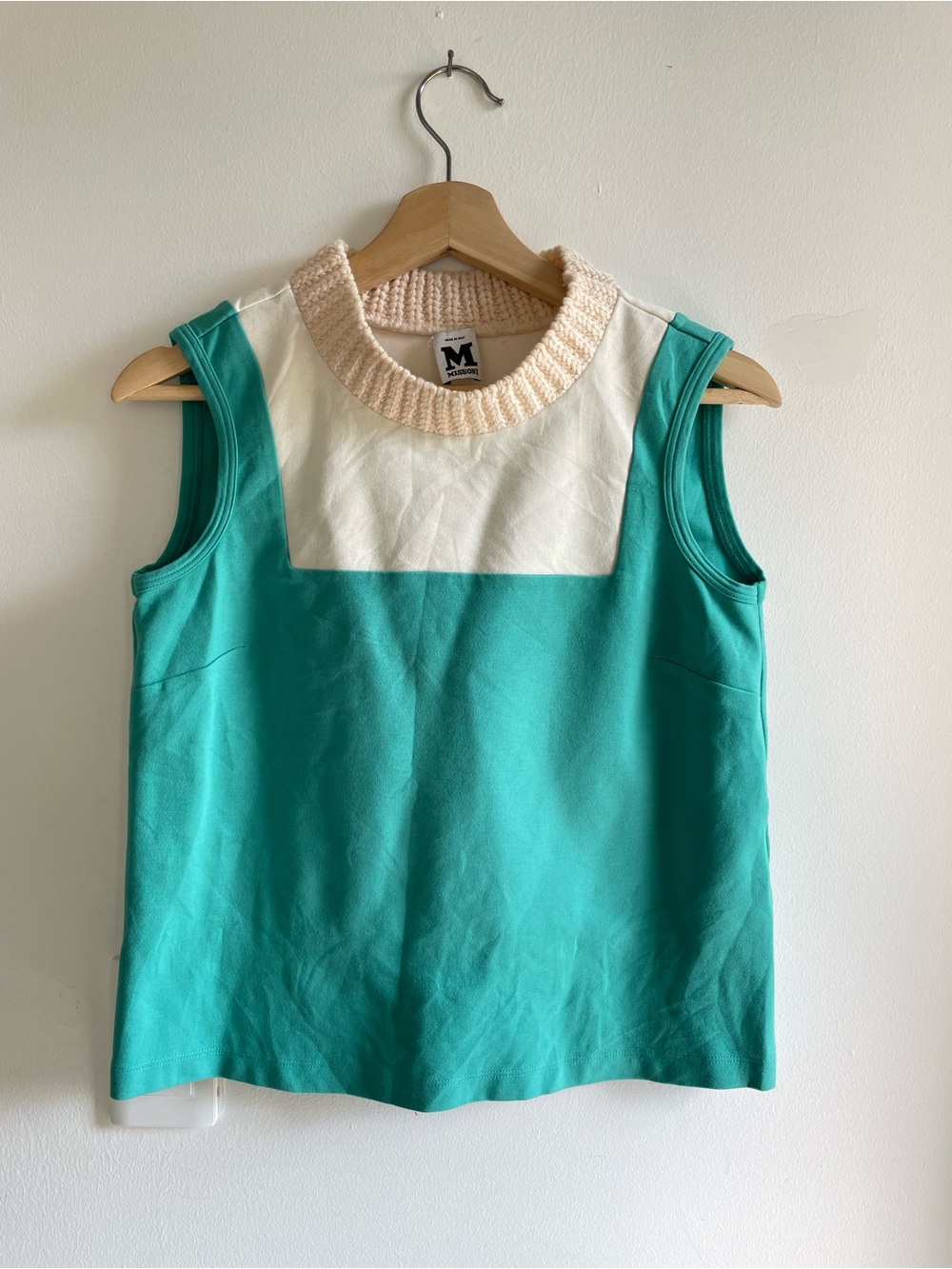 Missoni Teal, Cream & White Sleeveless Knit-Trim Tank